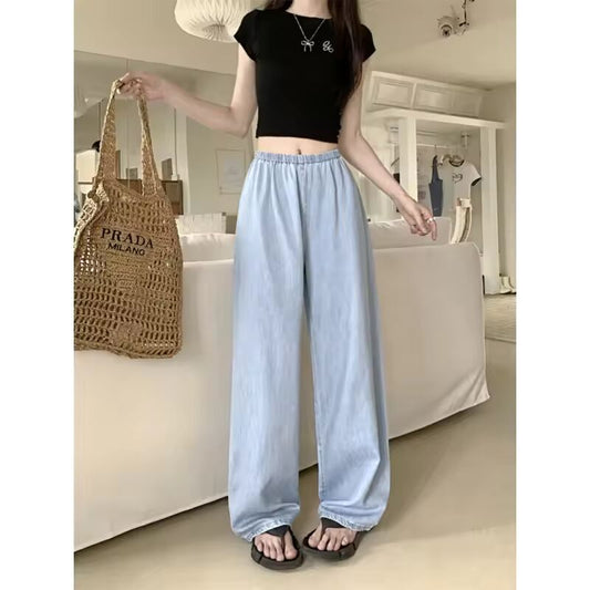 High Waist Wide Leg Thin Ice Silk Jeans Women Summer Loose Fit Large Size Straight Cut Floor Length Pants Korean Style