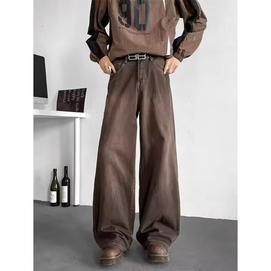Loose Casual Men's Brown Denim Jeans American Style Vintage High Waist Wide Leg Long Pants Autumn Fashion plus Size Male Trouser