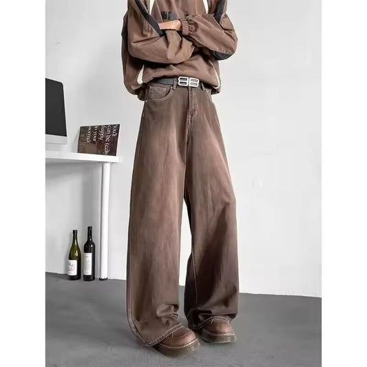 Loose Casual Men's Brown Denim Jeans American Style Vintage High Waist Wide Leg Long Pants Autumn Fashion plus Size Male Trouser