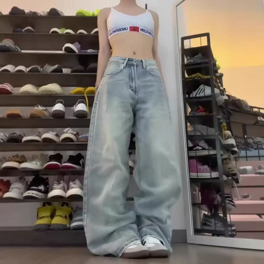 American High Street Wide Leg Jeans Women's Spring Autumn Casual Drape Loose Versatile Straight Leg Pants