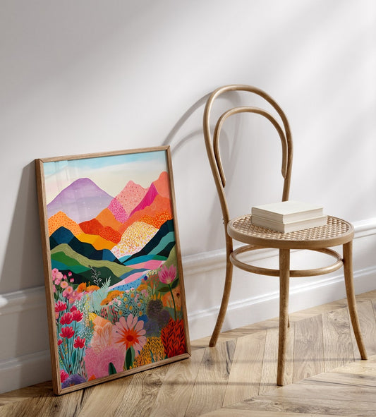 Abstract Mountain Artwork, Colorful Wall Art, Abstract Art, Patchwork, Illustration, Living Room Print, Scenery Art, Floral